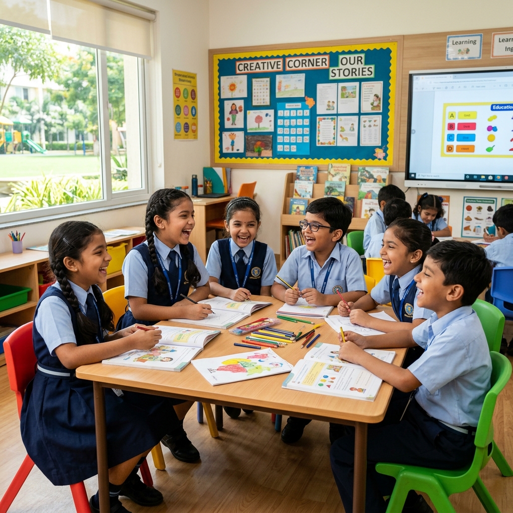 Happy Indian school children laughing together in classroom